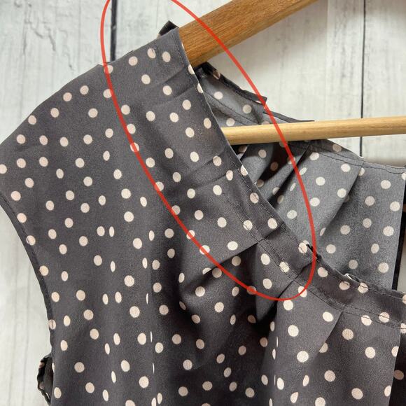 LC Lauren Conrad MEDIUM Gray Brown Polka Dot Pleated Bow Chiffon Top Blouse - Picture 6 of 9